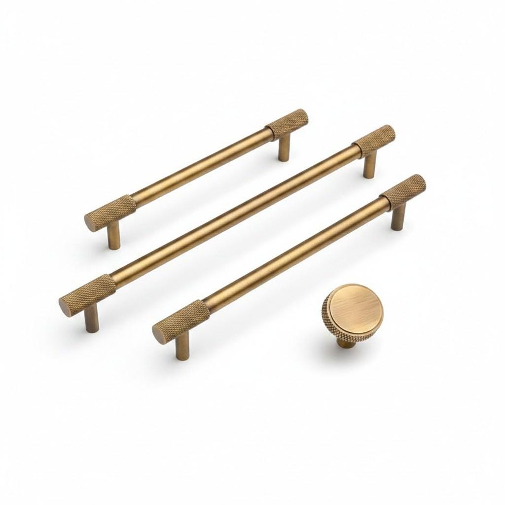 Brushed Brass Knurled Handles and Knobs: Modern Gold Cabinet Hardware
