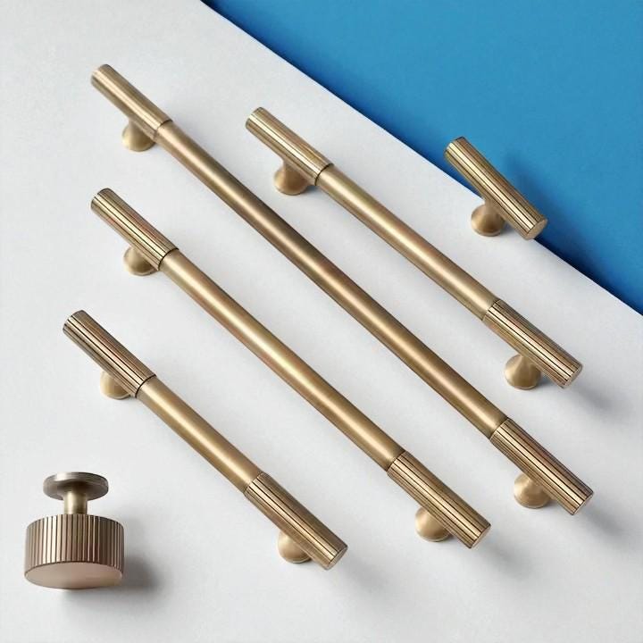 Solid Brass Ribbed Cabinet Handles: Modern Knurled Drawer Knobs - Image 3