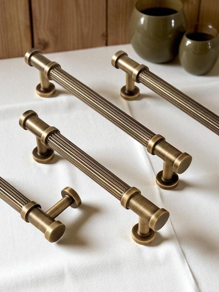 Ribbed Solid Brass Cabinet Handles And Drawing Knobs: Vintage Cabinet Hardware - Image 2