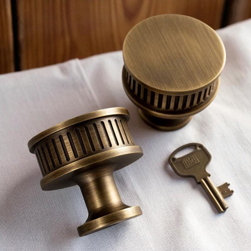 Ribbed Solid Brass Cabinet Handles And Drawing Knobs: Vintage Cabinet Hardware - Image 3