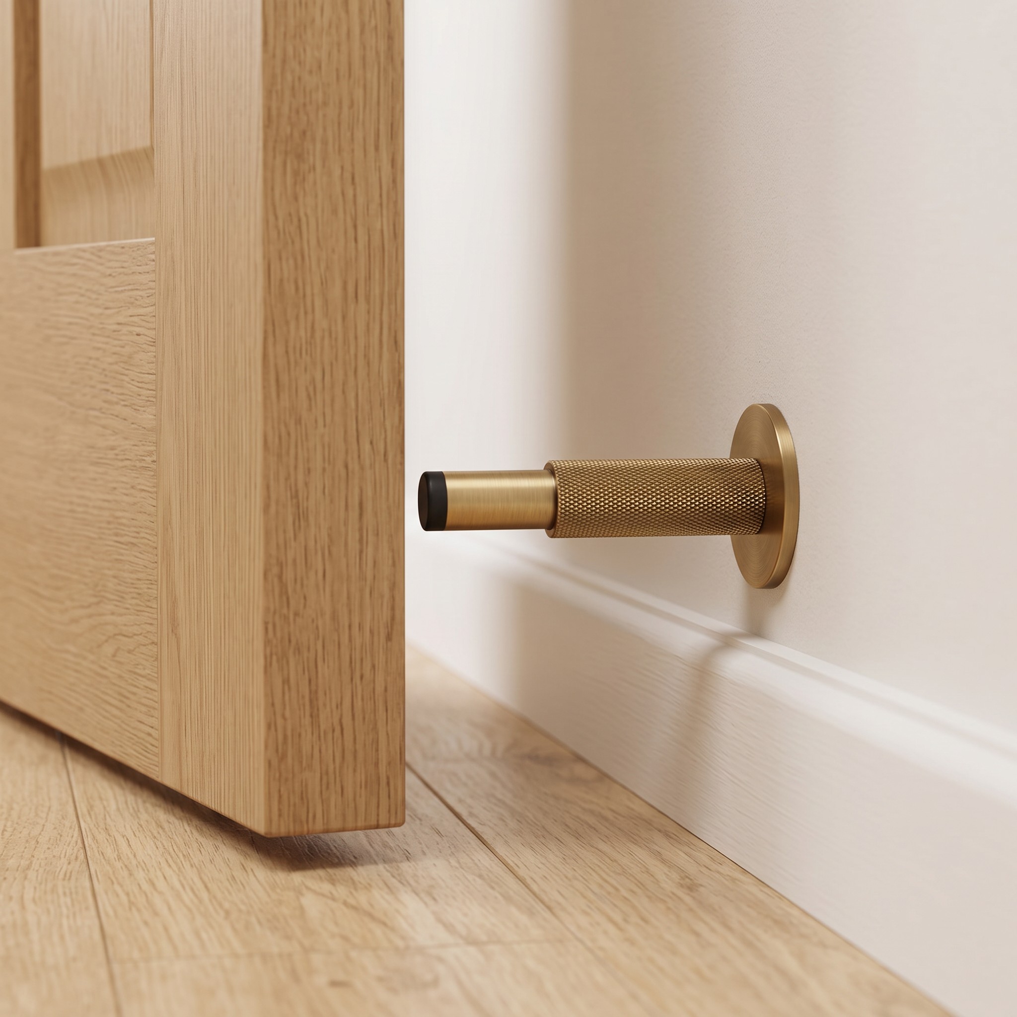 Aged brass knurled wall mounted door stop with rubber bumper beside an open wooden door