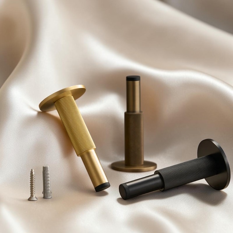 Three knurled brass door stops in gold, aged brass and black finishes with rubber tips