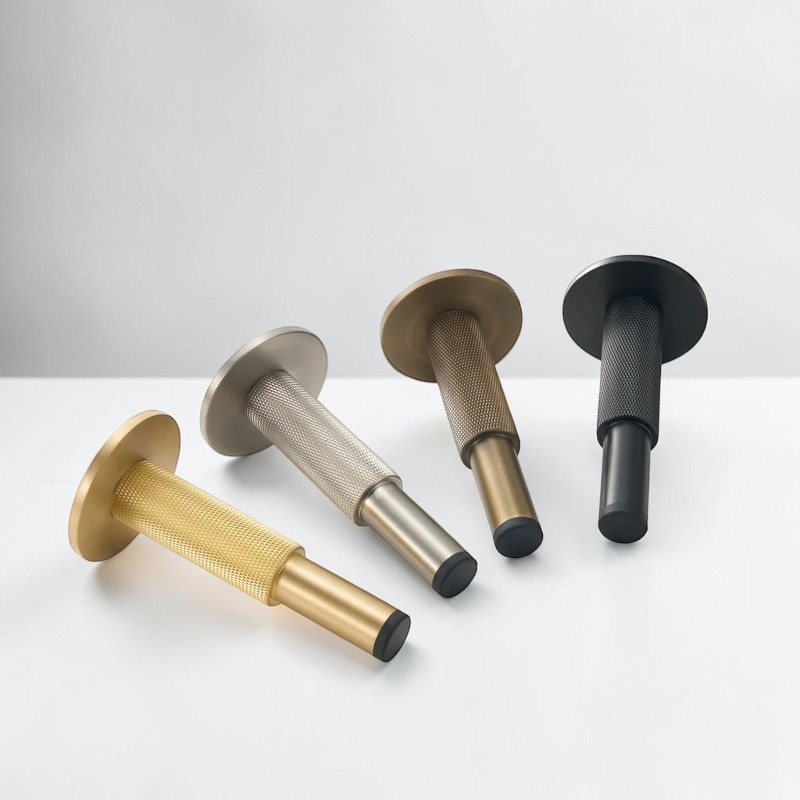 Four knurled brass wall mounted door stops showing round bases and rubber bumper tips