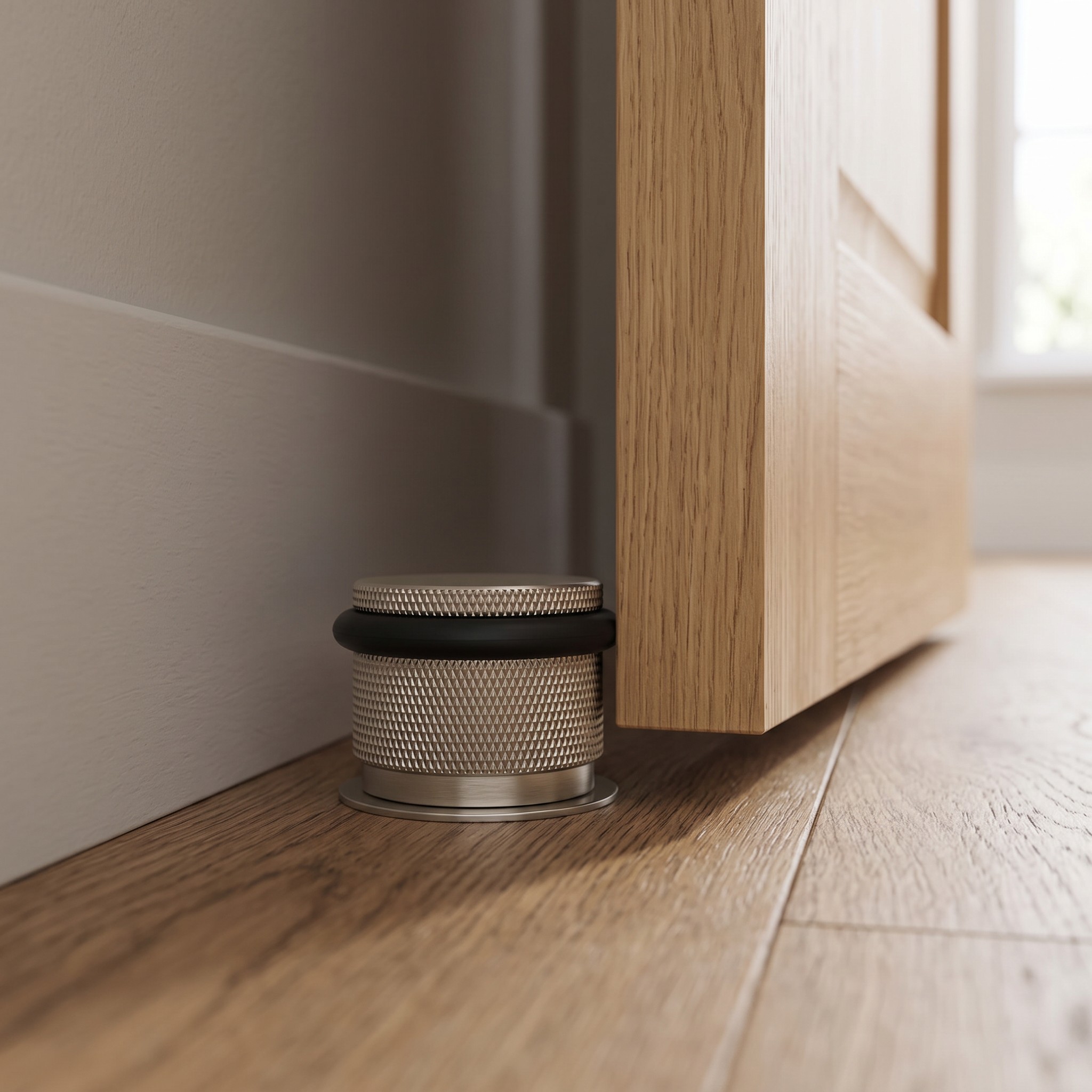 Knurled brass floor mounted door stop with a black rubber ring beside an oak door