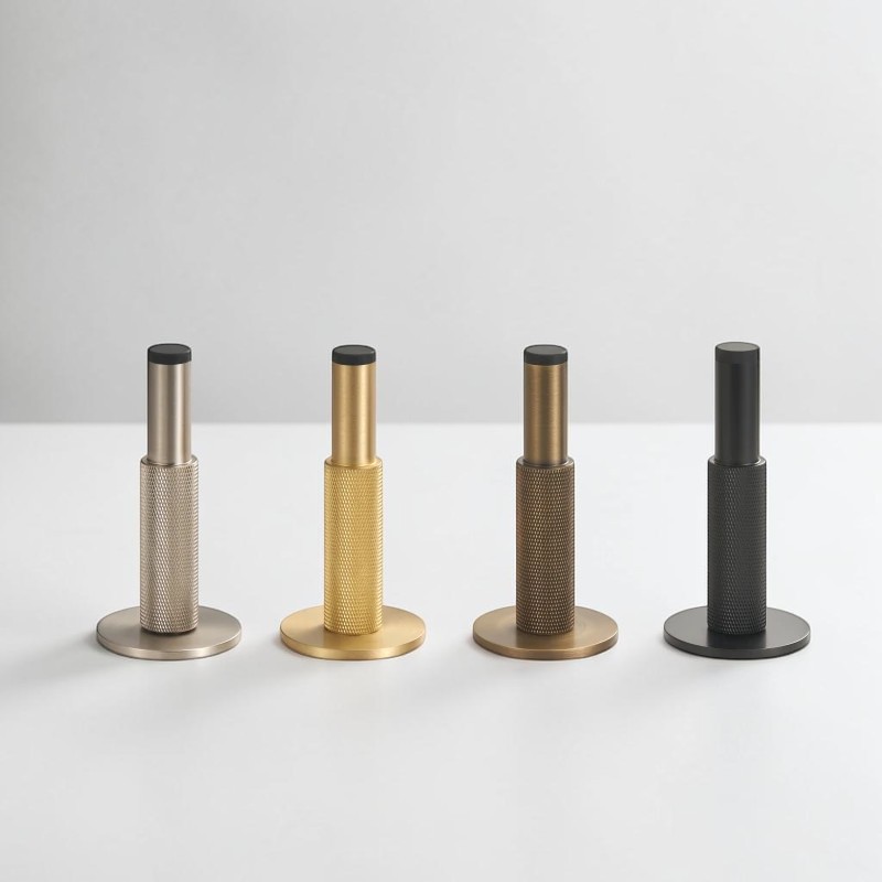 Knurled door stops standing on round bases in four metallic finishes