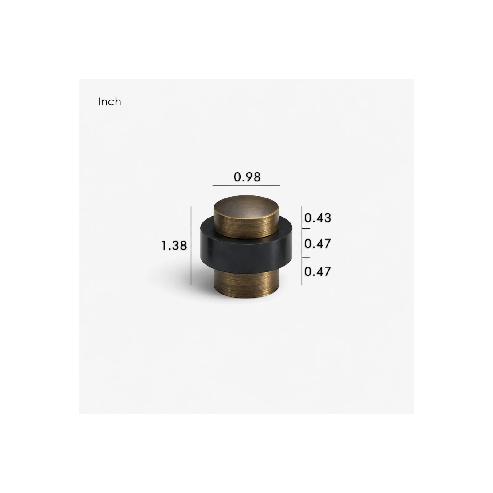 Aged Brass door stop dimensions: 1.38 inches high and 0.98 inch body diameter