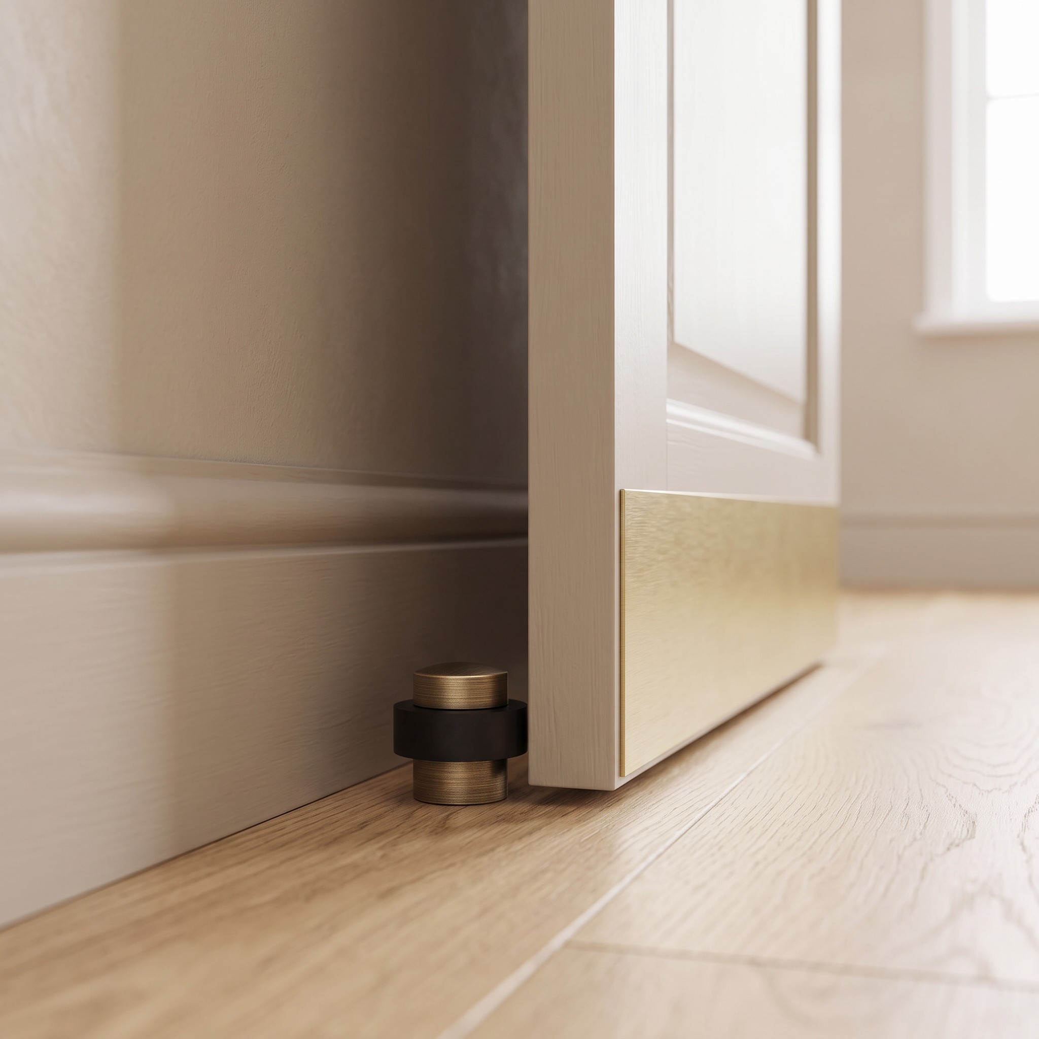 Aged Brass floor door stop beside a white door with a brass kick plate