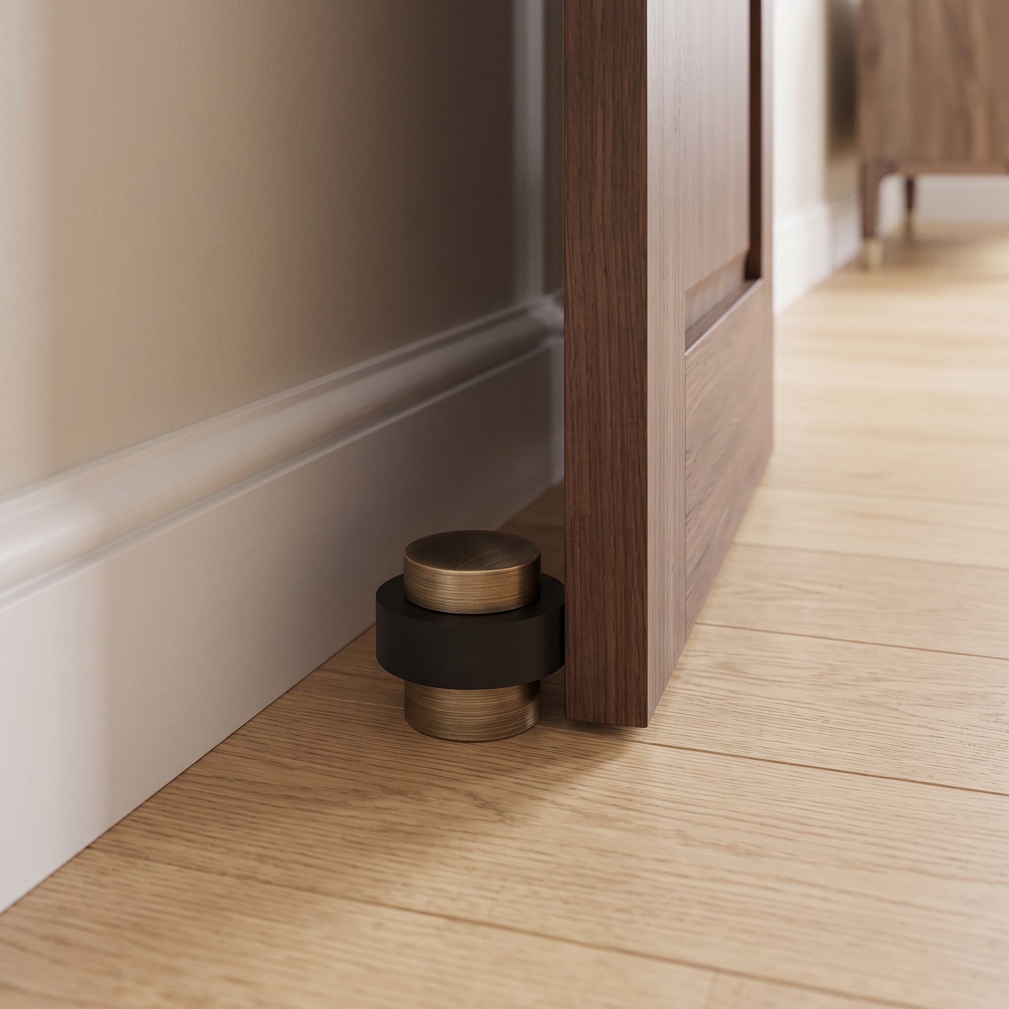 Aged Brass floor mounted door stop with rubber bumper beside a wooden door