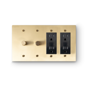 4 Gang 2 Rotary Dimmers & 2 Duplex Outlets - Brass plate, Brass screws - Front view