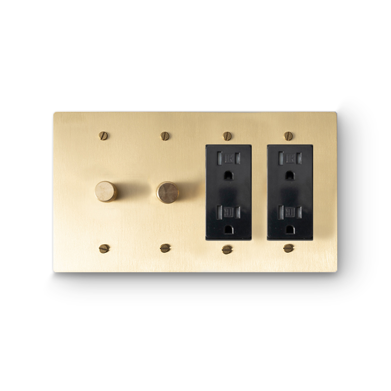 4 Gang 2 Rotary Dimmers & 2 Duplex Outlets - Brass plate, Brass screws - Front view
