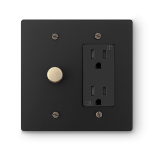2 Gang Rotary Dimmer & Duplex Outlet - Black plate, Bronze screws - Front view