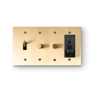 4 Gang 1 Toggle Switch & 2 Rotary Dimmers & 1 Duplex Outlet - Brass plate, Brass screws - Front view
