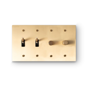 4 Gang 2 Toggle Switches & 2 Rotary Dimmers - Brass plate, Brass screws - Front view
