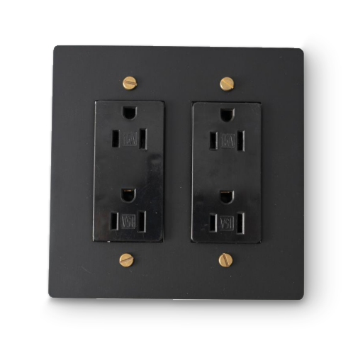 2 Gang Duplex Outlets - Black plate, Brass screws - Front view