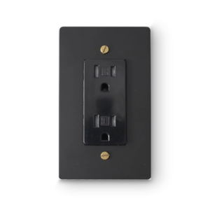 1 Gang Duplex Outlet - Black plate, Brass screws - Front view