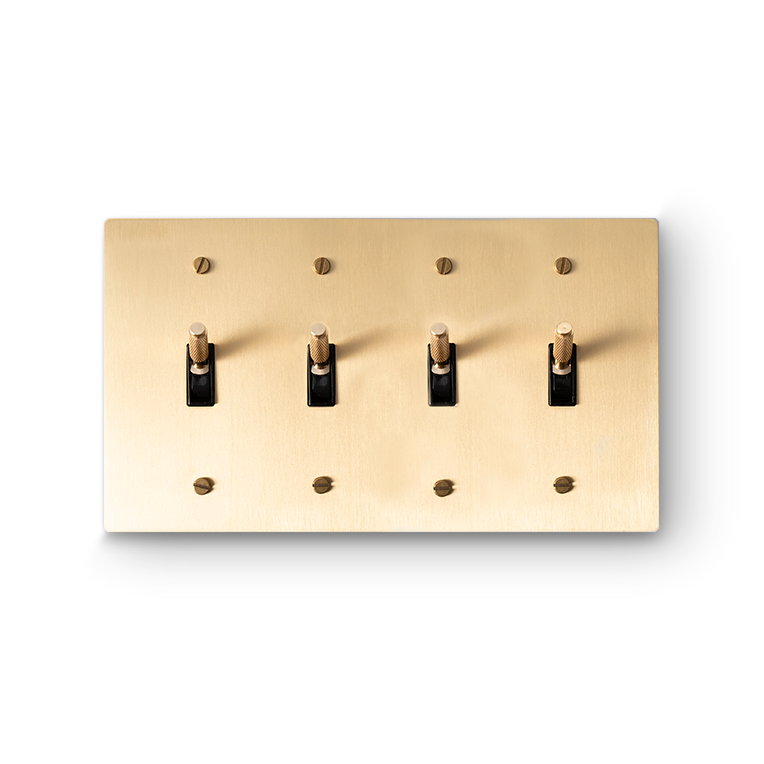 4 Gang Toggle Switches - Brass plate, Brass screws - Front view