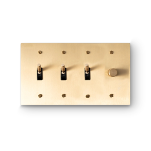 4 Gang 3 Toggle Switches & 1 Rotary Dimmer - Brass plate, Brass screws - Front view