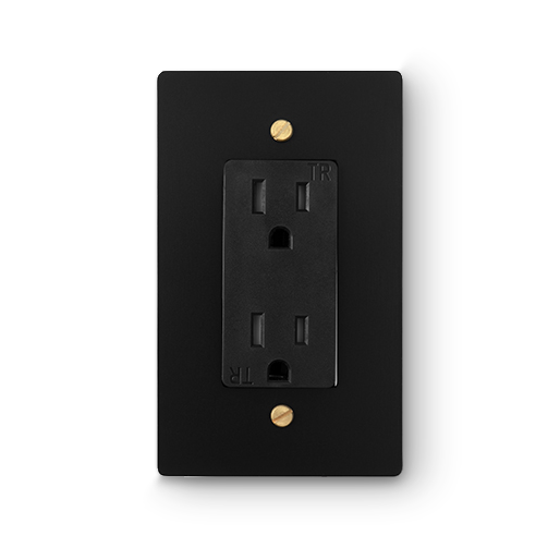 1 Gang Duplex Outlet - Black plate, Brass screws - Front view