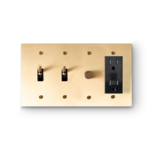 4 Gang 2 Toggle Switches & 1 Rotary Dimmer & 1 Duplex Outlet - Brass plate, Brass screws - Front view