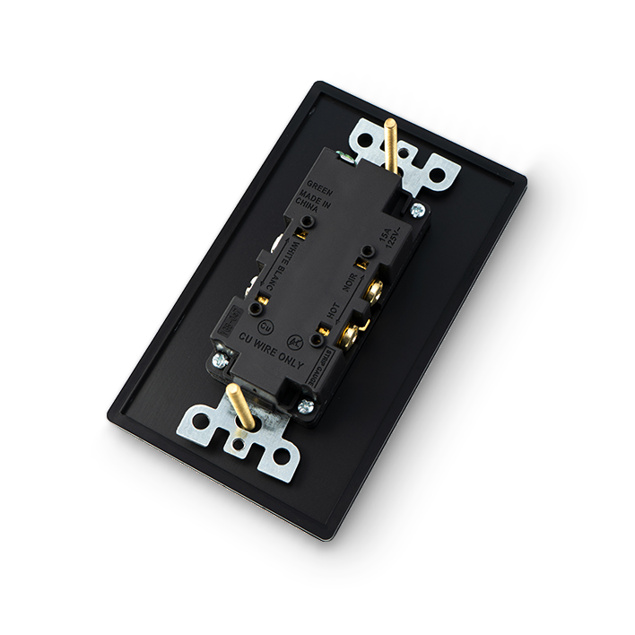 1 Gang Duplex Outlet - Black plate, Brass screws - Rear view