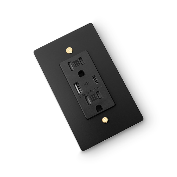 1 Gang USB-A / USB-C Outlet - Black plate, Brass screws - Left angled view