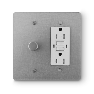 2 Gang Rotary Dimmer & GFCI Outlet - Steel plate, Steel screws - Front view