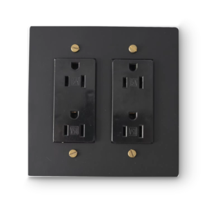2 Gang Duplex Outlets - Black plate, Brass screws - Front view