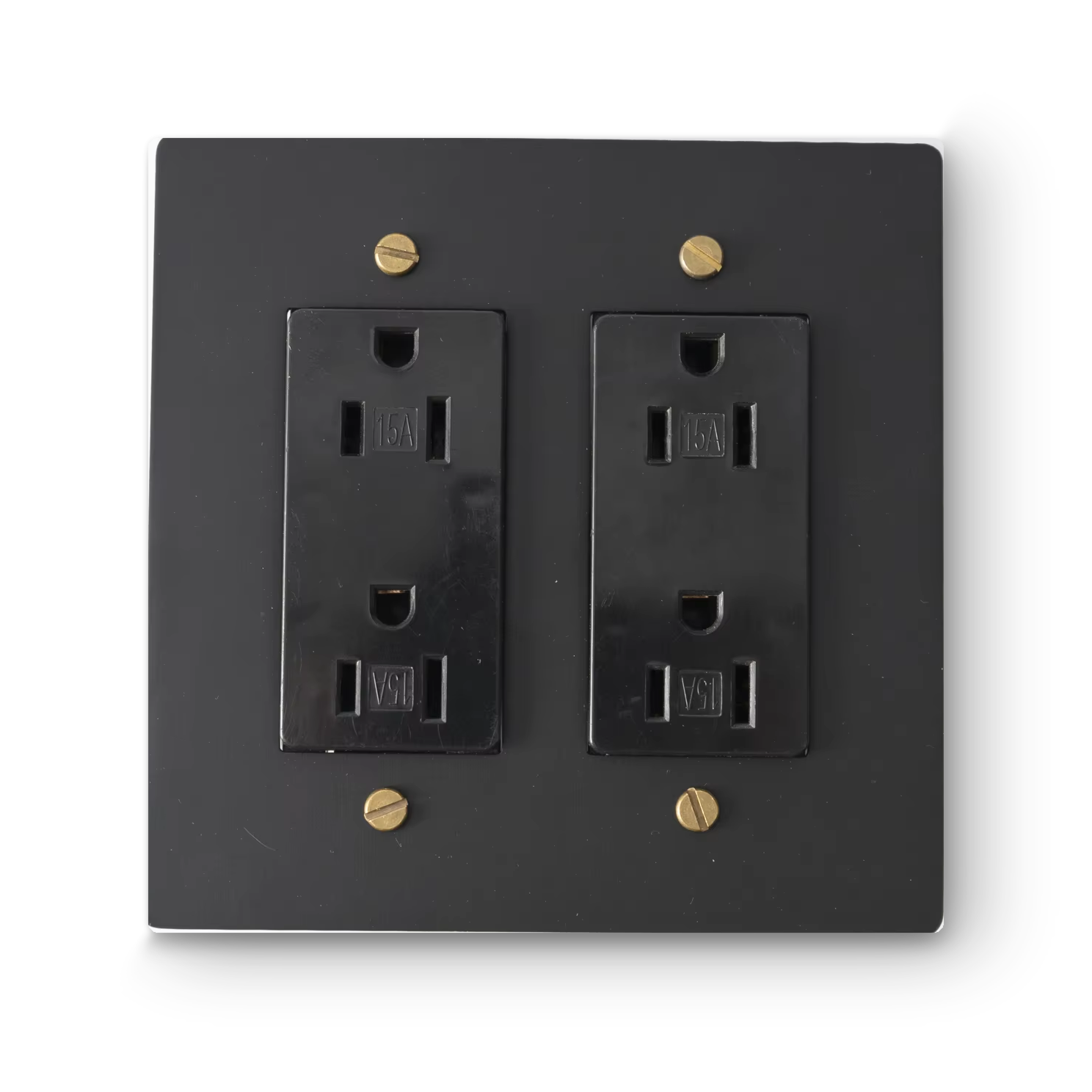 2 Gang Duplex Outlets - Black plate, Brass screws - Front view