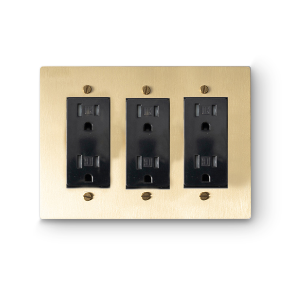 3 Gang 3 Duplex Outlets - Brass plate, Brass screws - Front view
