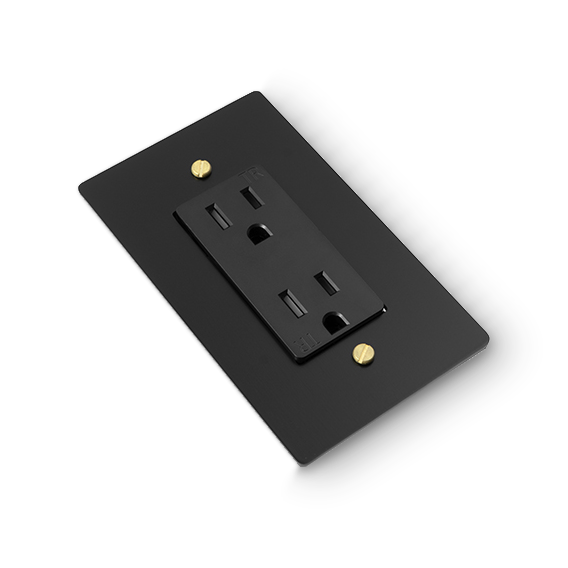 1 Gang Duplex Outlet - Black plate, Brass screws - Left angled view