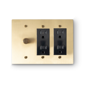 3 Gang 1 Rotary Dimmer & 2 Duplex Outlets - Brass plate, Brass screws - Front view