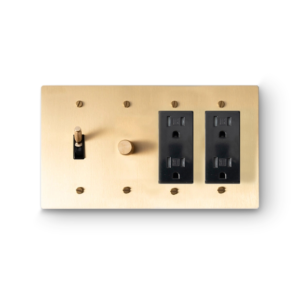 4 Gang 1 Toggle Switch & 1 Rotary Dimmer & 2 Duplex Outlets - Brass plate, Brass screws - Front view