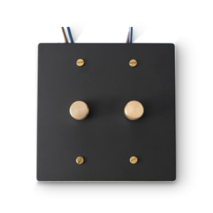 2 Gang Rotary Dimmers — Single Pole - Black plate, Brass screws - Front view