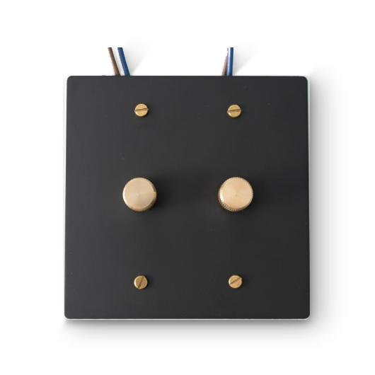 2 Gang Rotary Dimmers — Single Pole - Black plate, Brass screws - Front view