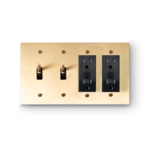 4 Gang 2 Toggle Switches & 2 Duplex Outlets - Brass plate, Brass screws - Front view
