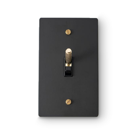 1 Gang 4-Way Toggle Switch - Black plate, Brass screws - Front view