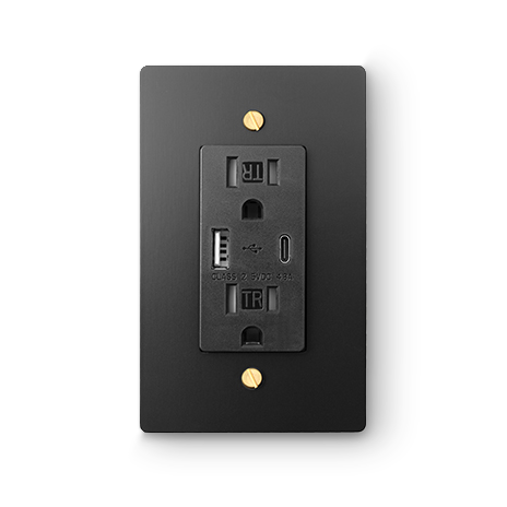 1 Gang USB-A / USB-C Outlet - Black plate, Brass screws - Front view