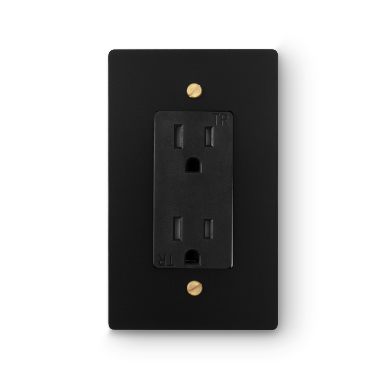 1 Gang Duplex Outlet - Black plate, Brass screws - Additional front view