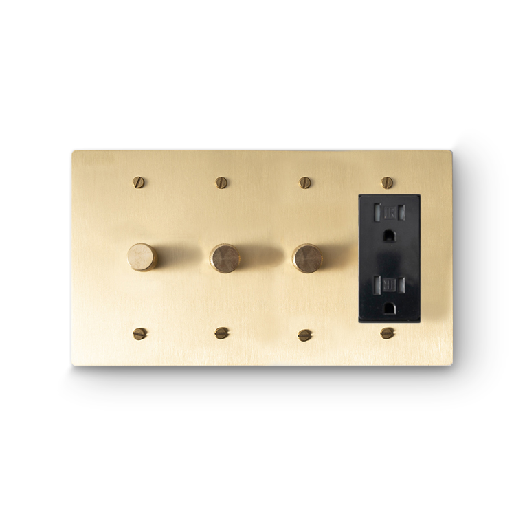 4 Gang 3 Rotary Dimmers & 1 Duplex Outlet - Brass plate, Brass screws - Front view