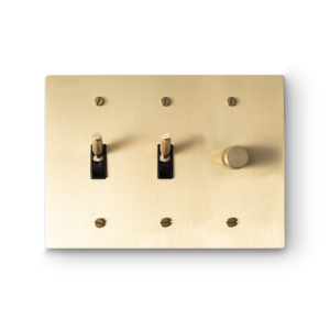 3 Gang 2 Toggle Switches & 1 Rotary Dimmer - Brass plate, Brass screws - Front view