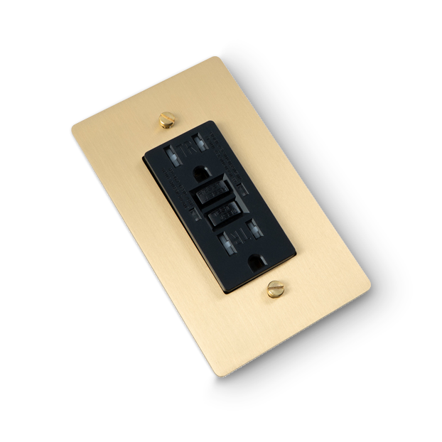 1 Gang GFCI Outlet - Brass plate, Brass screws - Left angled view