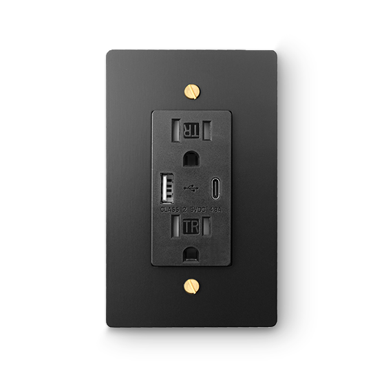 1 Gang USB-A / USB-C Outlet - Black plate, Brass screws - Additional front view