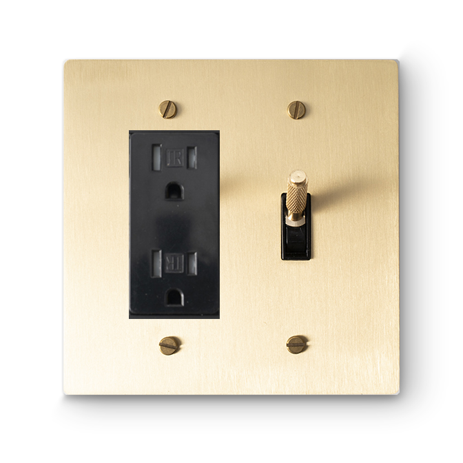 2 Gang Duplex Outlet & Toggle Switch - Brass plate, Brass screws - Front view