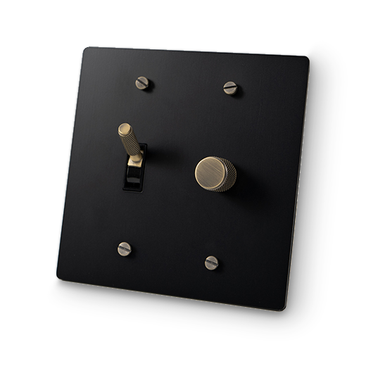 2 Gang Toggle Switch & Rotary Dimmer - Black plate, Bronze screws - Angled view