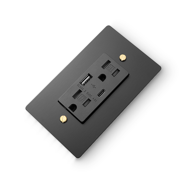 1 Gang USB-A / USB-C Outlet - Black plate, Brass screws - Right angled view