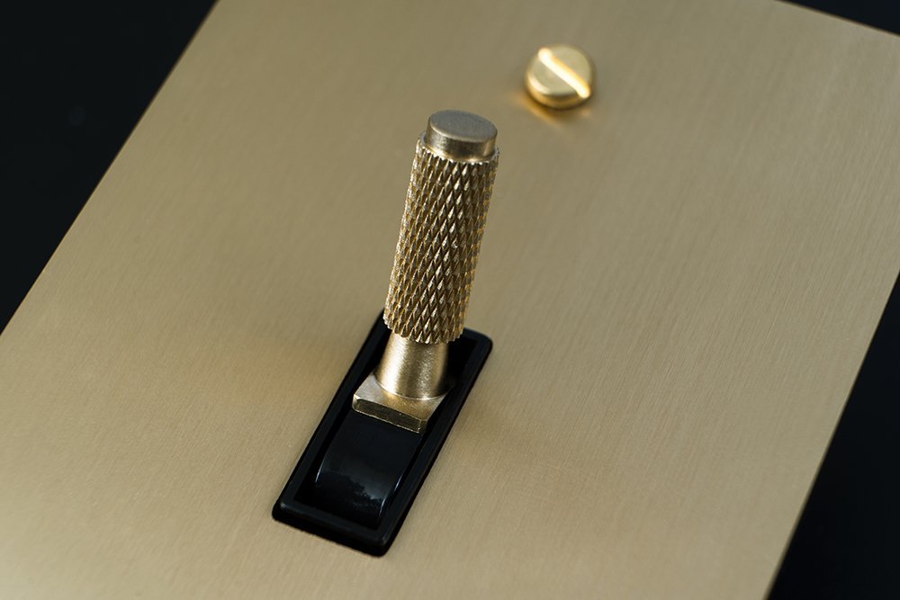Close photograph of a brass toggle switch, showing the knurled lever and brushed plate.